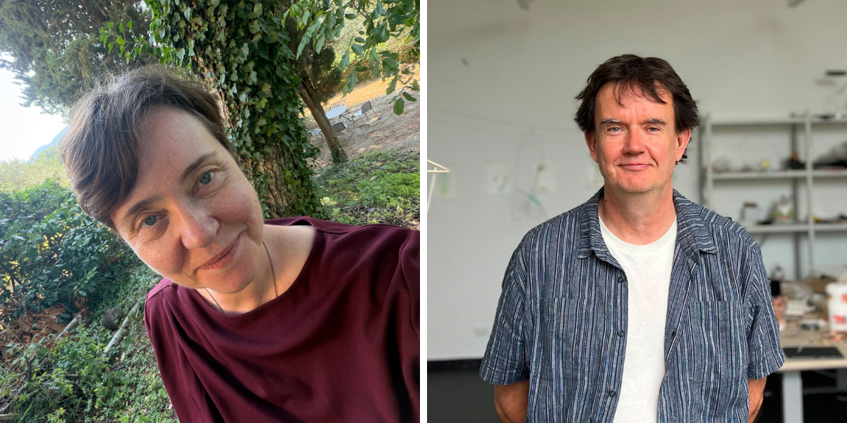  Kuvissa vasemmalla Marjukka Korhonen&nbsp;Grassinan ateljeetalon pihalla (omakuva) ja oikealla Vesa-Pekka Rannikko (kuva: Karolina Gullichsen)