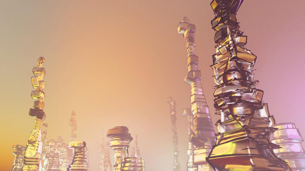 Pysäytyskuva Pink Twinsin videoteoksesta Parametropolis. Keltaisella ja violetilla taustalla eri kokoisista kappaleista koostuvia kapeita torneja.