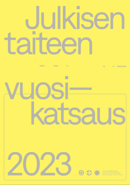 Kuva Julkisen taiteen vuosikatsaus 2023 -julkaisun kannesta, jossa keltaisella taustalla harmaa fontti