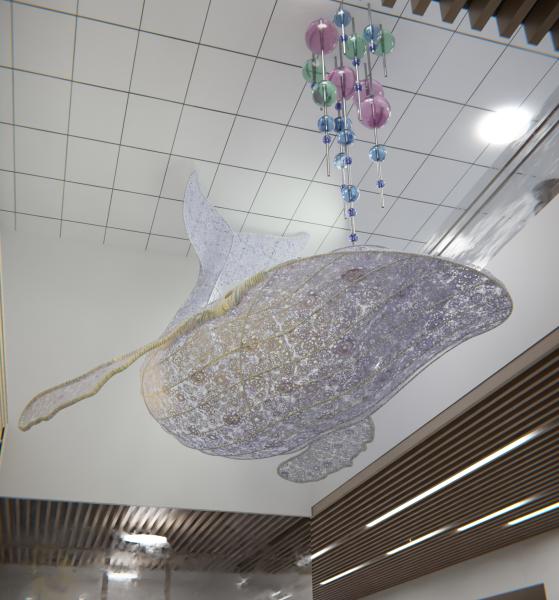 Pekka ja Teija Isorättyän Baby Whale vei voiton Ahveniston kilpailussa Havainnekuva veistoksesta, jossa sinisävyinen valas laskeutuu sairaalan valkoisesta katosta