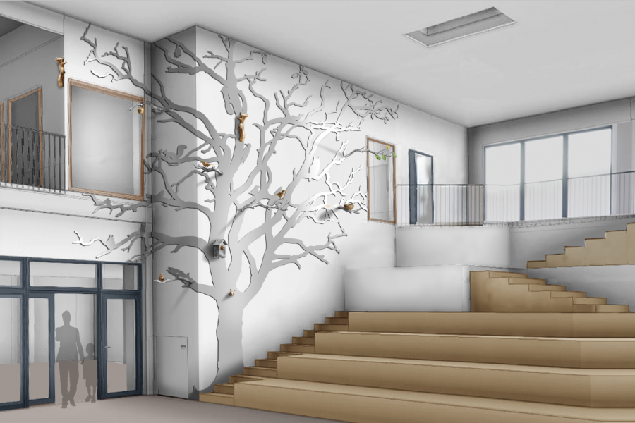 Havainnekuva teoksesta, jossa metallinen omenapuun runko levittäytyy aulatilan seinään. Sen oksilla eläin- ja kasviaiheisia pienveistoksia.
