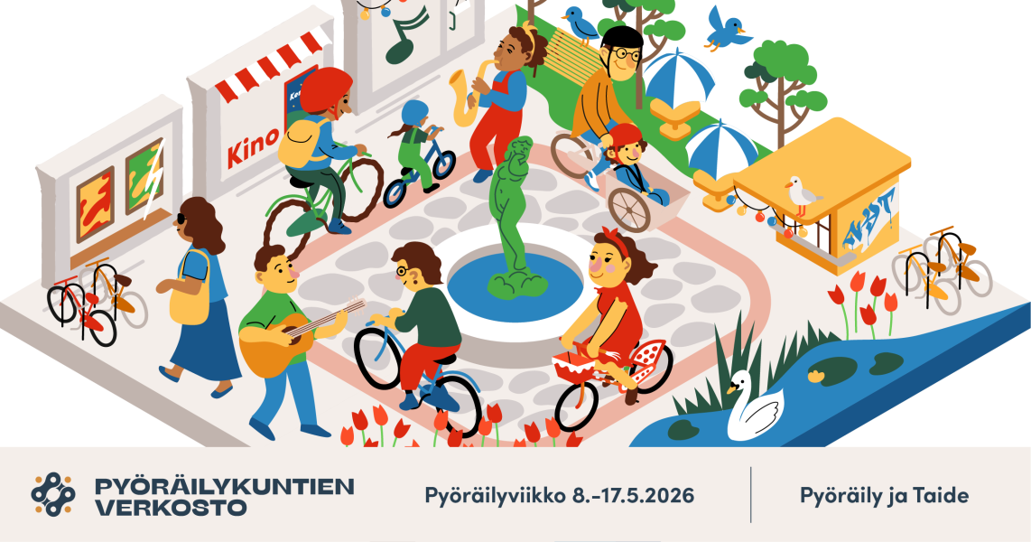 Graafinen kuvituskuva jossa paljon erilaisia pyöräilijöitä ja taidetta, kuten veistoksia ja tauluja