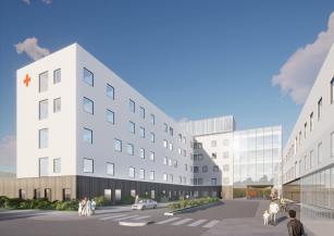 Havainnekuva ASSI-sairaalan pääsisäänkäynnistä. Kuva: Integrated työyhteenliittymä Havainnekuvassa valkoisen sairaalarakennuksen julkisivu, jossa monia ikkunoita. Rakennuksen edessä katunäkymää.