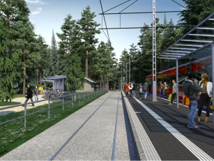 Havainnekuva Ratikasta Näsisaaressa Paasikiventieltä katsottuna. Kuva: Tampereen kaupunki ja Sitowise Havainnekuva Ratikasta Näsisaaressa Paasikiventieltä katsottuna. Kuva: Tampereen kaupunki ja Sitowise
